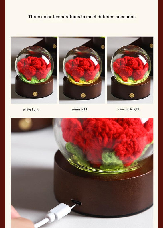 Blue Rose Handcrafted Crochet Flower LED Night Light - USB Rechargeable Glass Dome Lamp with Wood Base, 3 Color Modes