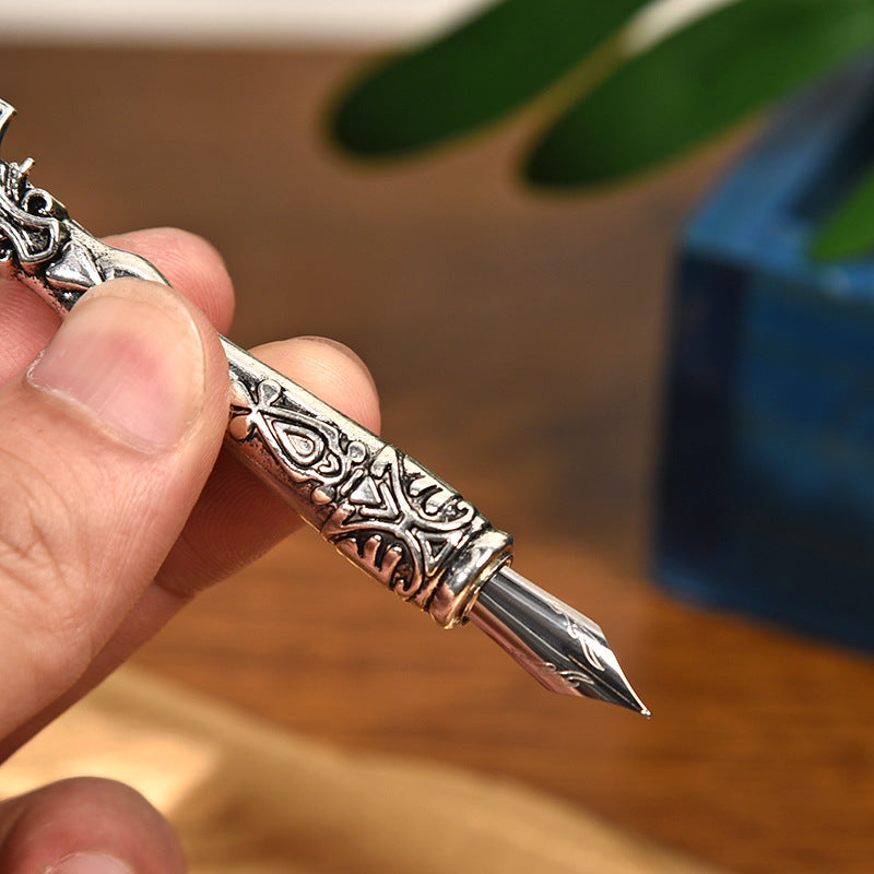 Sword Plume Silver European Dip Feather Quill Pen Set - 2-Piece Retro Business Gift Box with 5 Nib Sizes