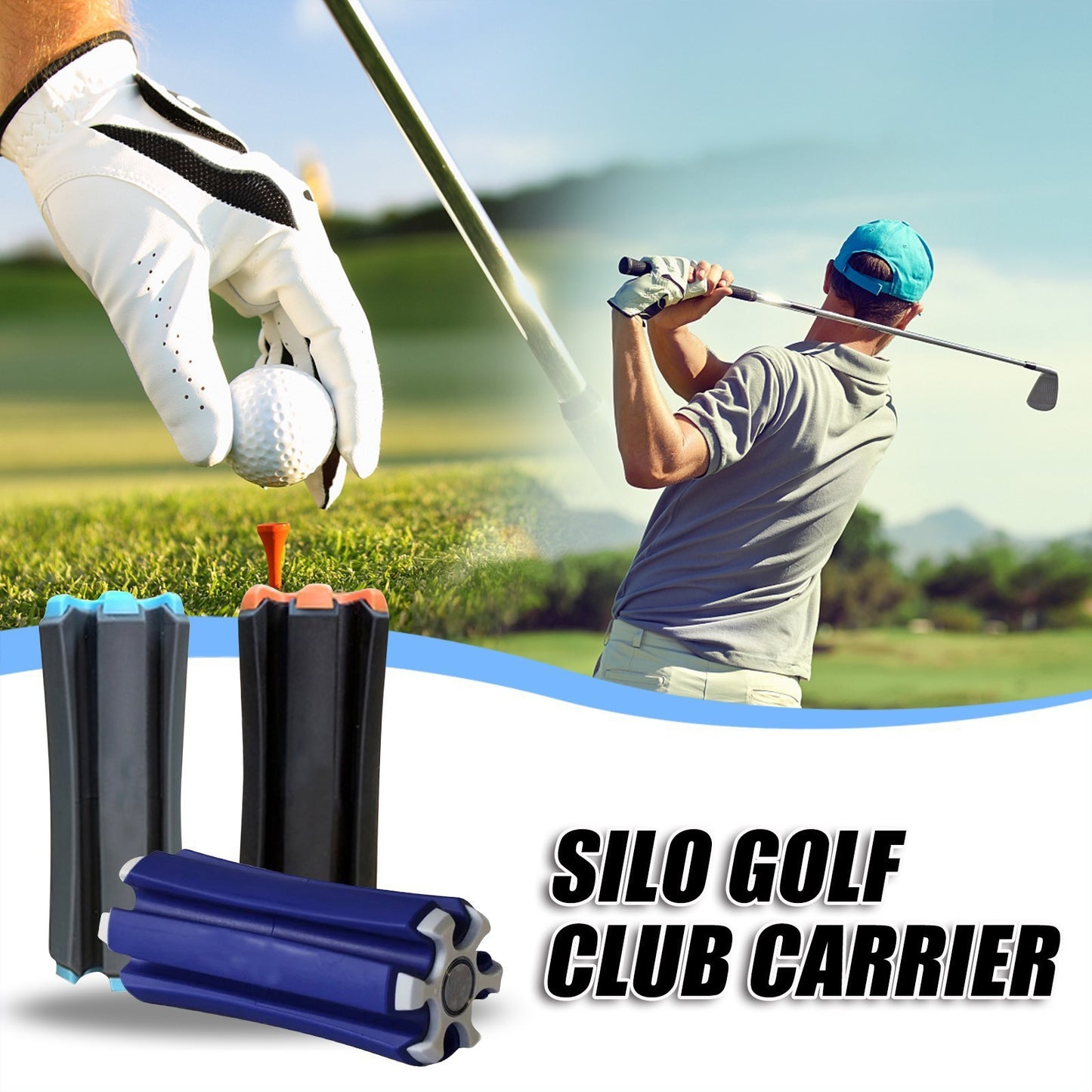 Portable Golf Club Carrier "SILO" - Holds 3 Clubs, Lightweight & Easy to (Blue and white)