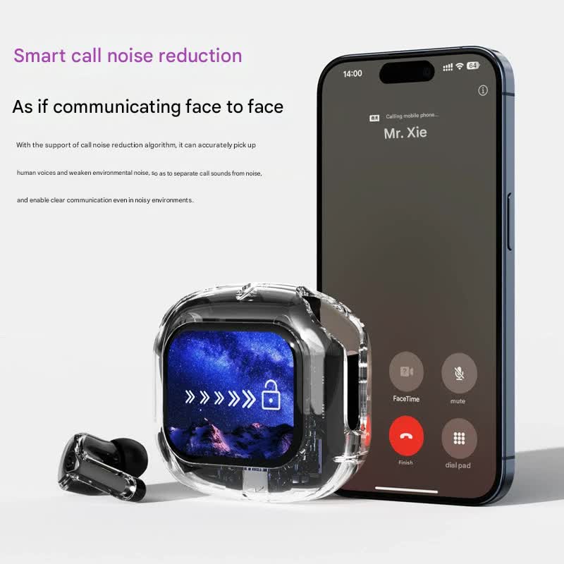 Transparent TWS Wireless Earbuds with Smart Call Noise Reduction & LED Display Case - Bluetooth 5.4(black)