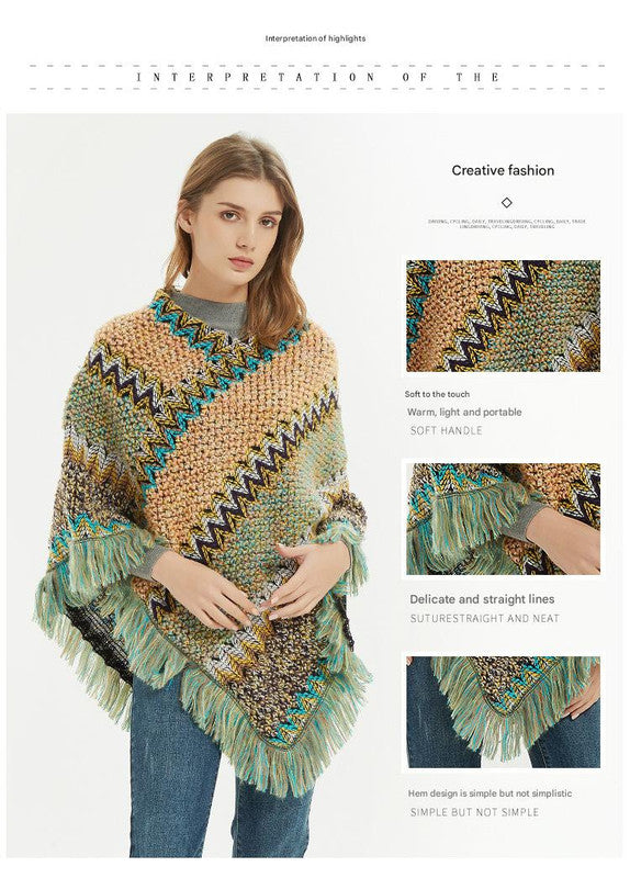 Blue Lightweight Chevron Knit Poncho for Women - Elegant Fringed Shawl Wrap