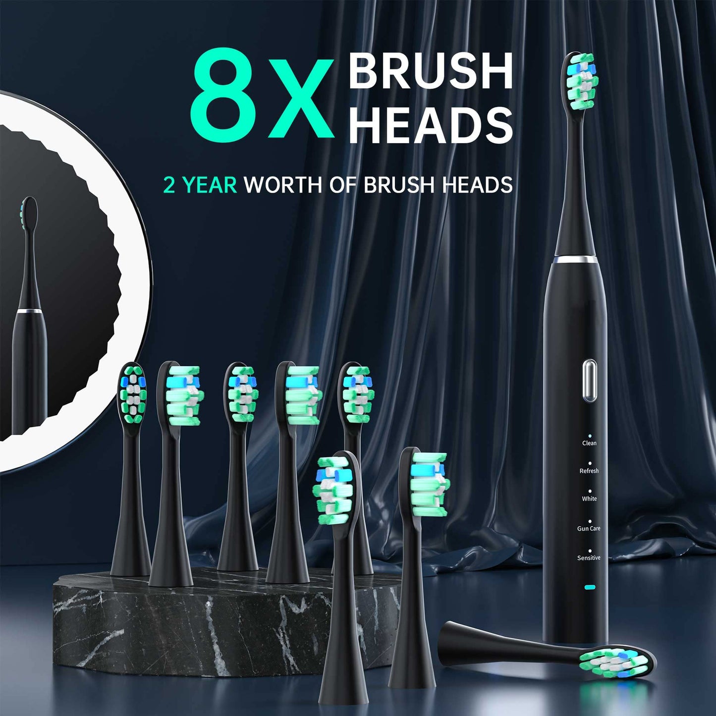 Pink Sonic Rechargeable Electric Toothbrush with 8 Heads & Travel Case - 5 Brushing Modes & Smart Timer(USB)