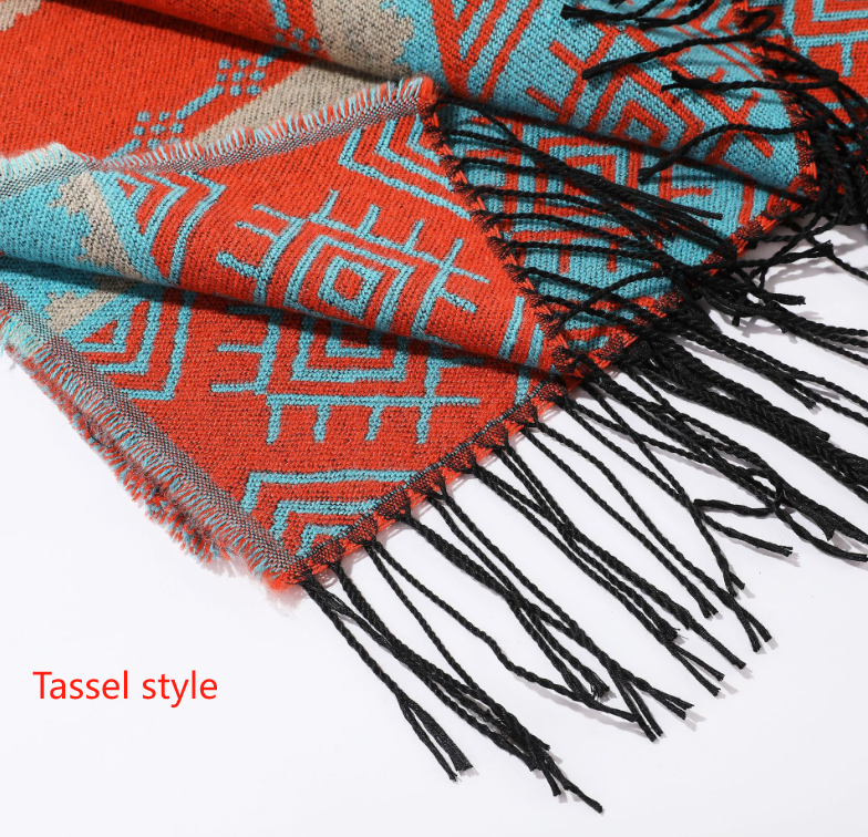 Black-grey Palindrome Fringe Bohemian Fringe Shawl Cloak - 160 x 135 cm Ethnic Inner Mongolia Style Double-Sided Scarf Cape