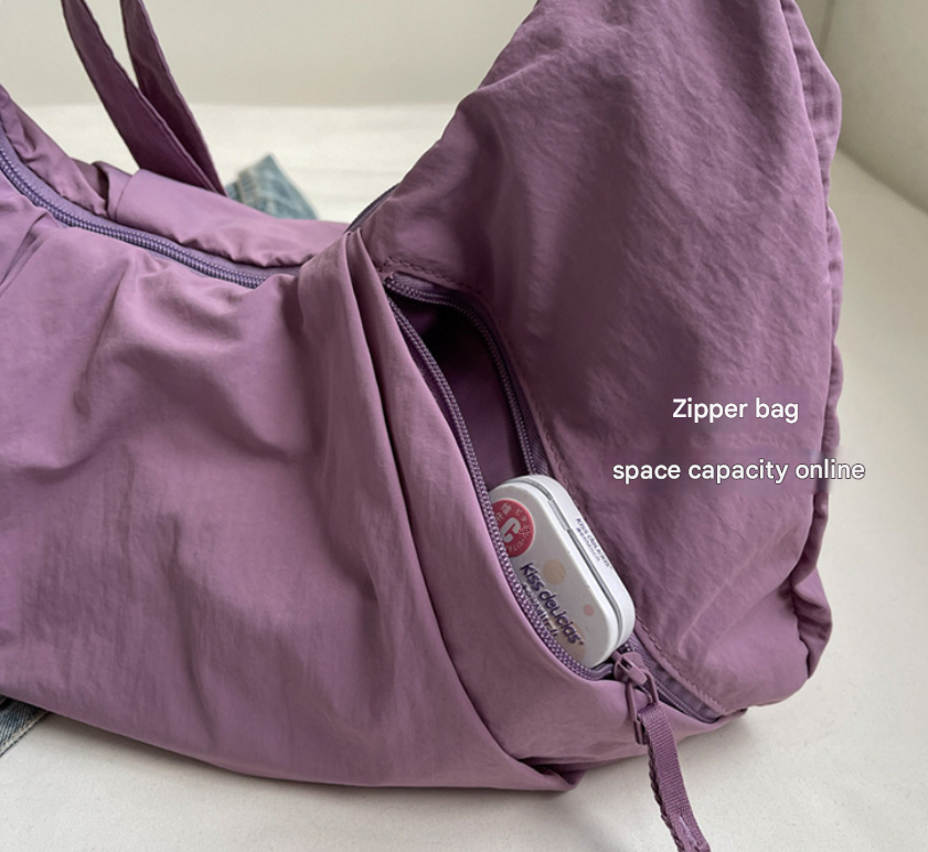 Beige Lightweight Crescent Crossbody Bag - Slouchy Nylon Hobo Purse for Casual Everyday Use
