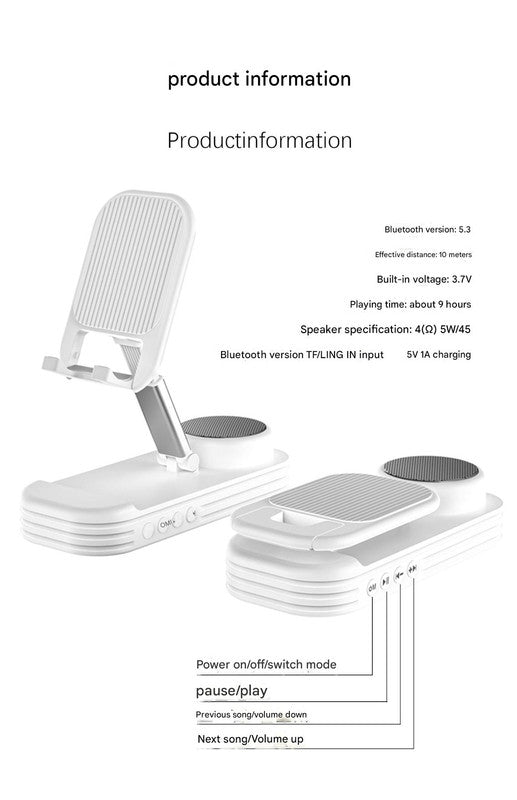 Foldable Desktop Phone Stand with Bluetooth 5.3 Speaker - Adjustable Angle & Height, TF/Line-In(white)
