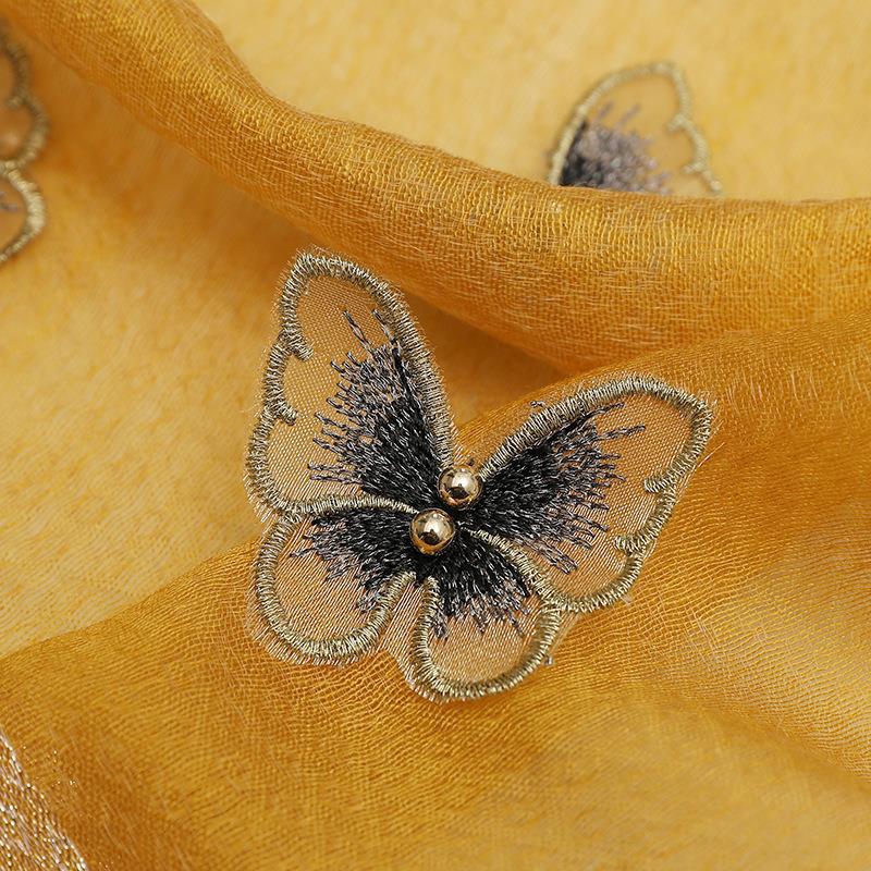 Elegant Butterfly Embroidered Scarf Shawl - Large Soft Silk Blend Wrap for Women(Khaki)