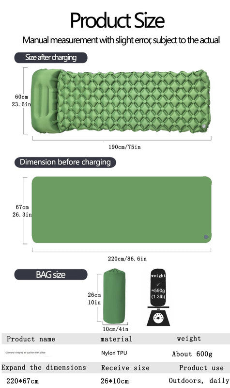 2pc Ultralight Inflatable Camping Sleeping Mat with Integrated Pillow - Waterproof 40D Nylon TPU(Dark Blue)