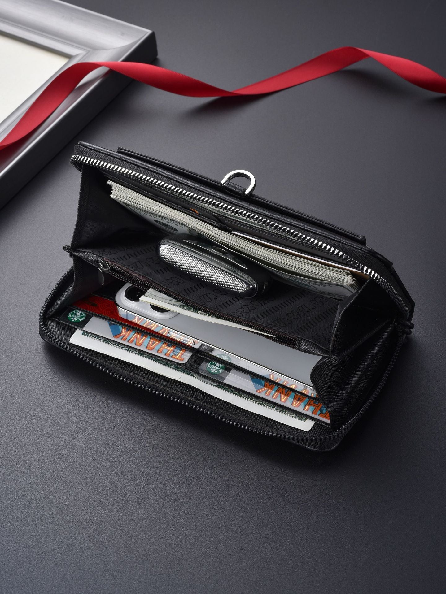 Black Classic Long Zipper Wallet Clutch - Large Capacity PU Leather Phone & Card Holder with Wrist Strap