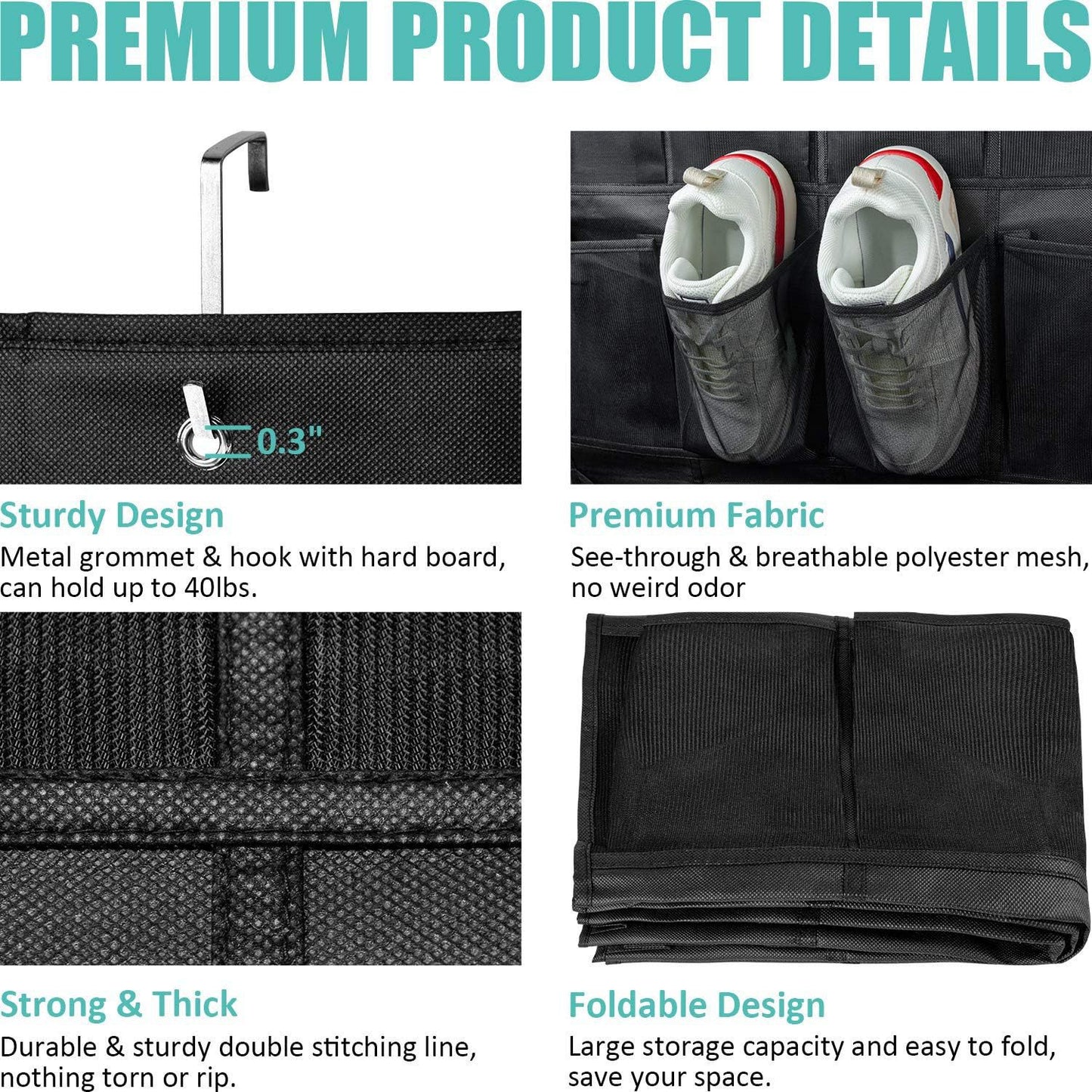 Black Over the Door Shoe Organizer with 24 Mesh Pockets - Space Saving Hanging Storage for Shoes, Accessories, Pantry