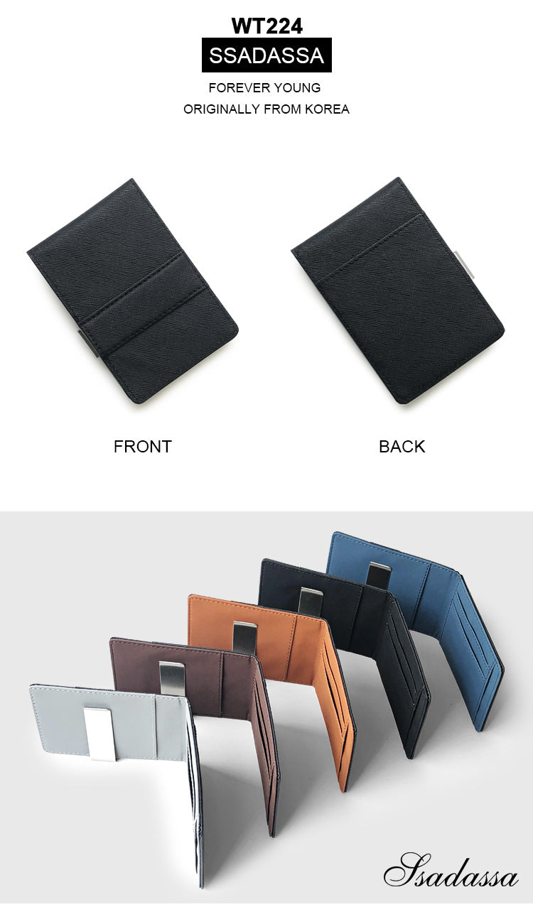 Black Men's Slim Bifold Money Clip Wallet - Saffiano Texture PU Leather with Stainless Steel Cash Clamp - Minimalist Front Pocket Card Holder