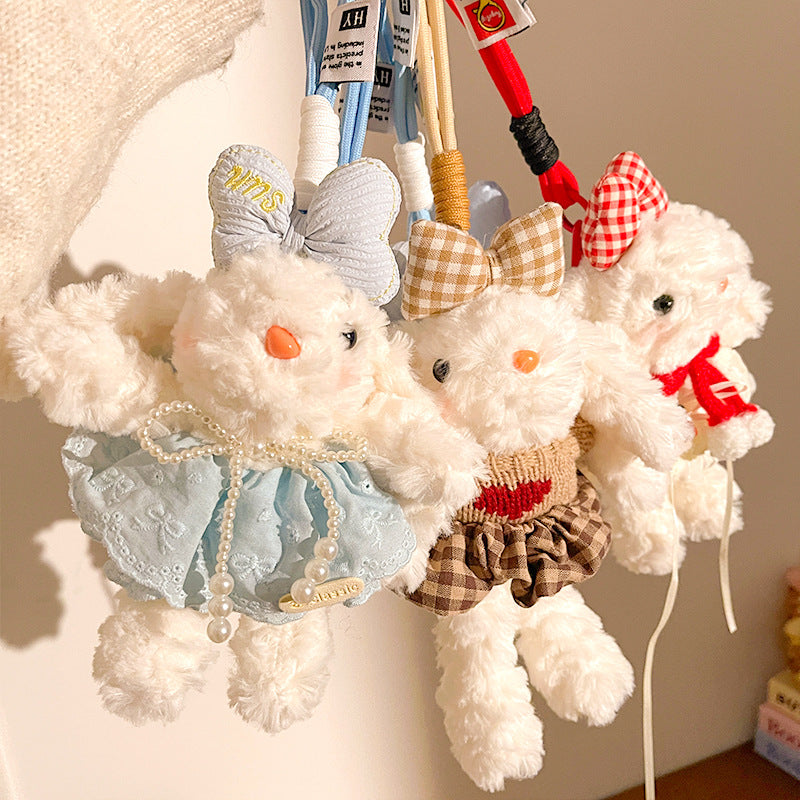 Blue Cute Floppy Eared Bunny Plush Doll with Pearl Necklace and Ribbon Dress - Adorable Keychain or Bag Charm for Girls(F-4973)
