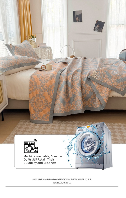Grey and Green Cotton Three-Layer Gauze Bed Cover Set - Reversible Vintage Printed Blanket with Two Pillowcases for Year-Round Use(200*230cm)
