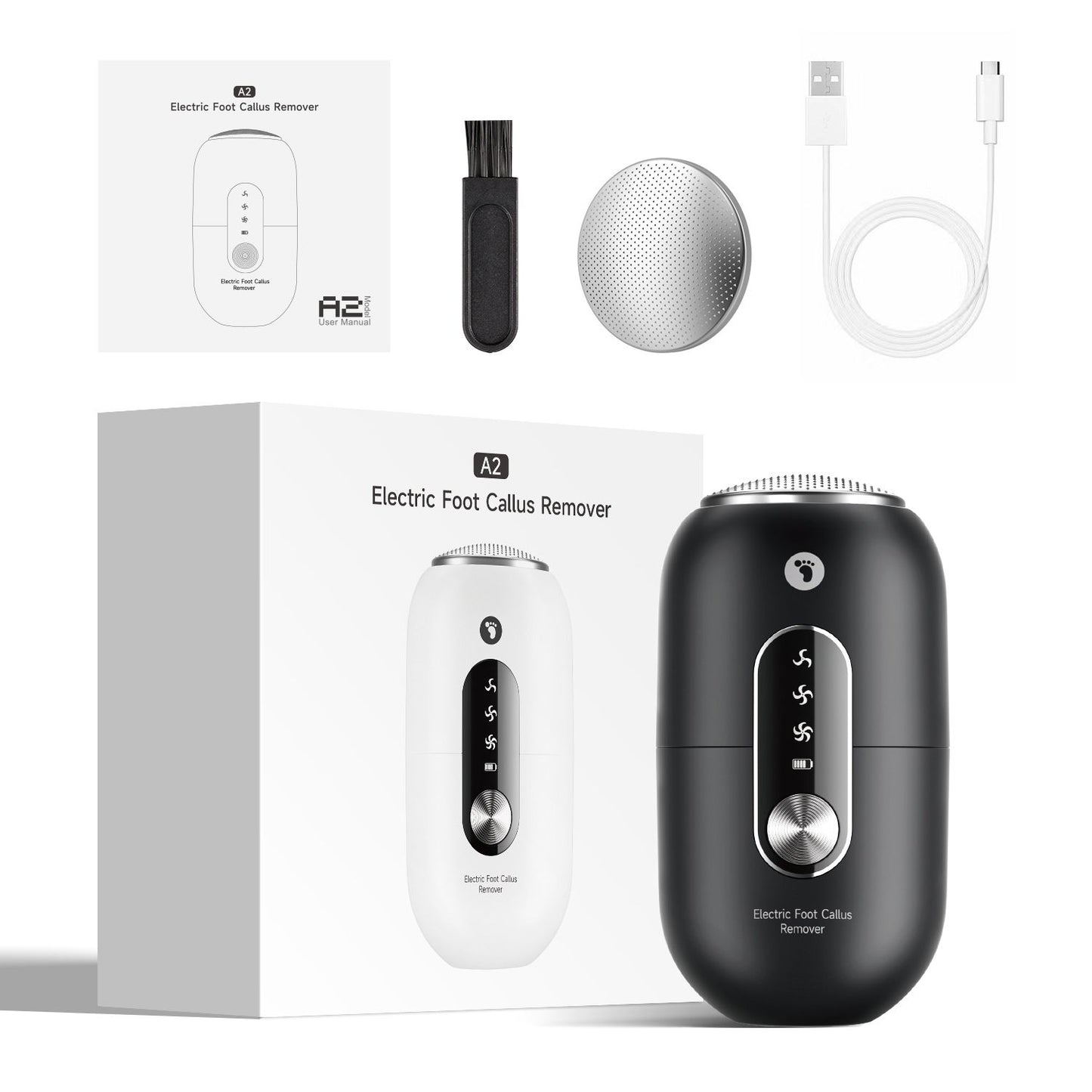 Black 2-in-1 Electric Foot Care Device – Cordless Callus Remover & Skin Polisher with Dual Heads