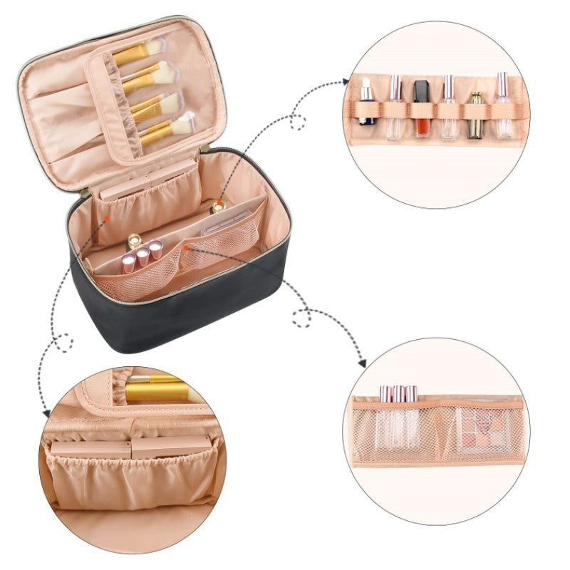 Black Large Capacity Travel Makeup Bag Portable Cosmetic Case with Handle and Dividers Elegant Toiletry Organizer for Daily Use