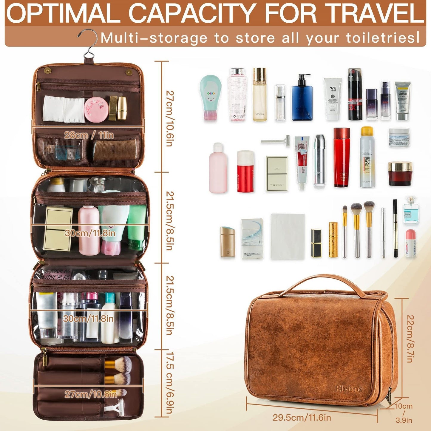 Brown Large Hanging Toiletry Bag Waterproof Leather Travel Organiser 4 Compartment Cosmetic Case with Swivel Hook Ideal for Holidays
