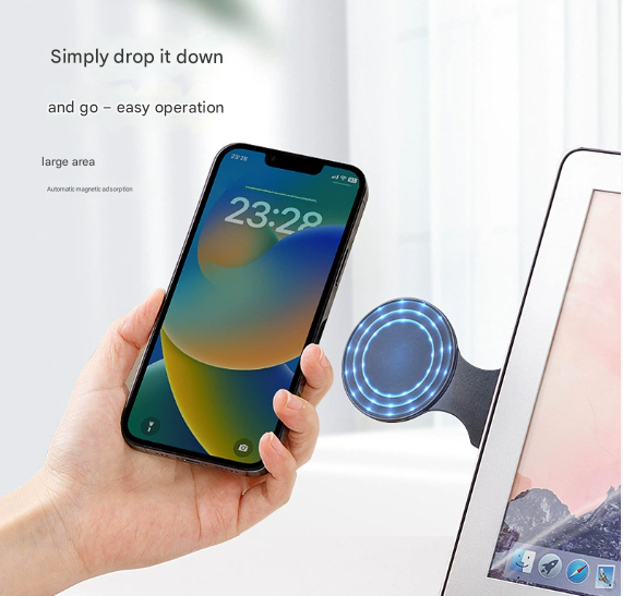 Light Grey Magnetic Laptop Phone Holder Side Mount Expansion Bracket Slim 6mm Foldable Stand with Metal Ring for Dual Screen Work Office Setup