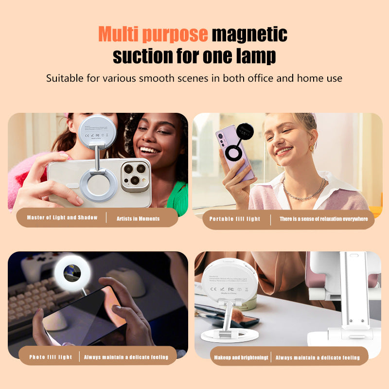 Black 2-in-1 Folding Portable Selfie Light and Magnetic Phone Stand - Vlogging Ring Light with Adjustable Kickstand, Three-Color Soft Light & USB Rechargeable