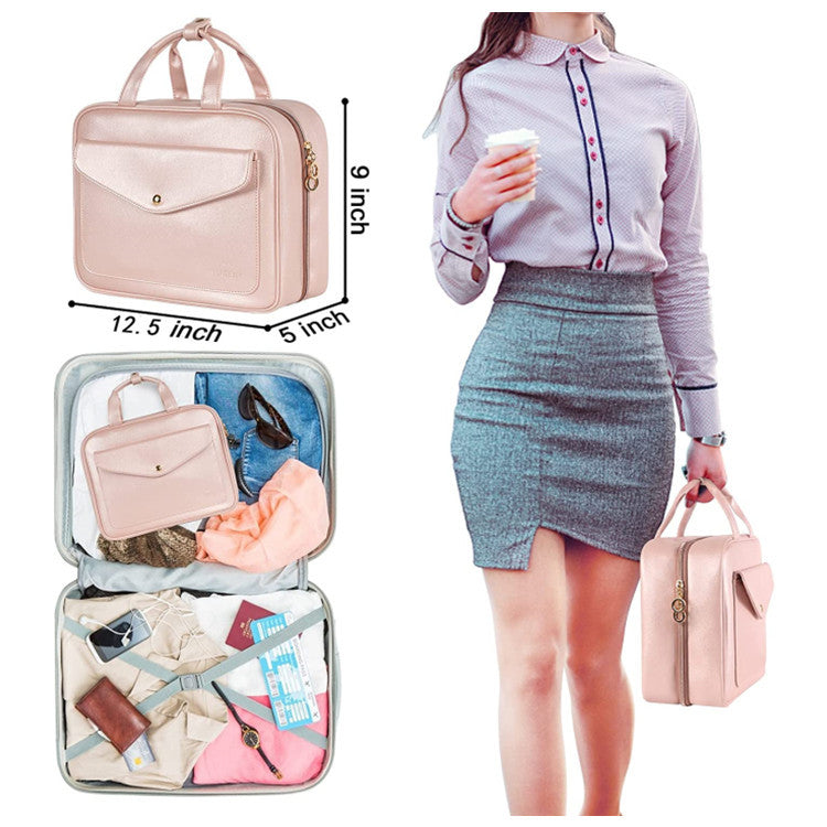 Black Portable Large Hanging Womens' Luxury PU Leather Cosmetic Bag - Waterproof Travel Toiletry Organizer , Easy Visibility & Durable