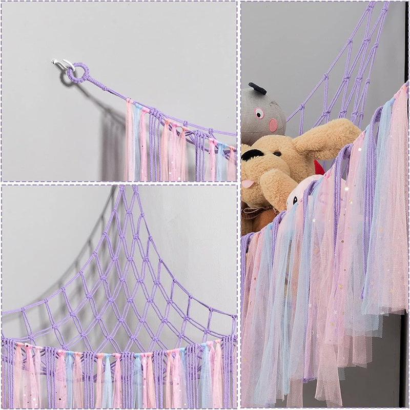 Pink Corner Plush Toy Organizer (100x100x150cm) with Ribbon Accent & Installation Kit - Handwoven Cotton Mesh Toy Storage Hammock
