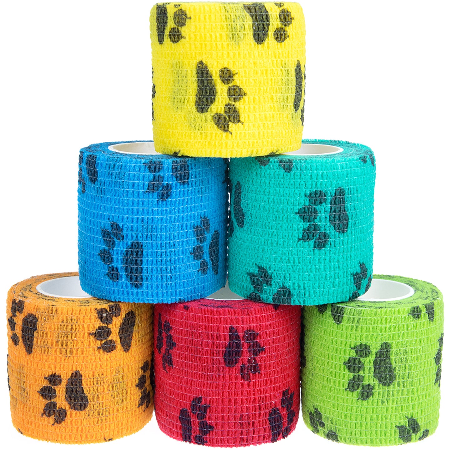 Pet Medical Therapy Self Adhesive Bandage Set(12 Volumes:2.5CM*4.5M) - Elastic Cute First Aid for Dogs and Cats & Humans, 12 Paw Colors