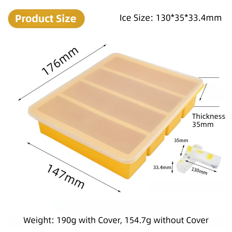 2-Packs Grey Flexible 4-Grid Silicone Long Ice Cube Tray with Lid - Easy Release Reusable Mold for Narrow Bottles & Cocktails