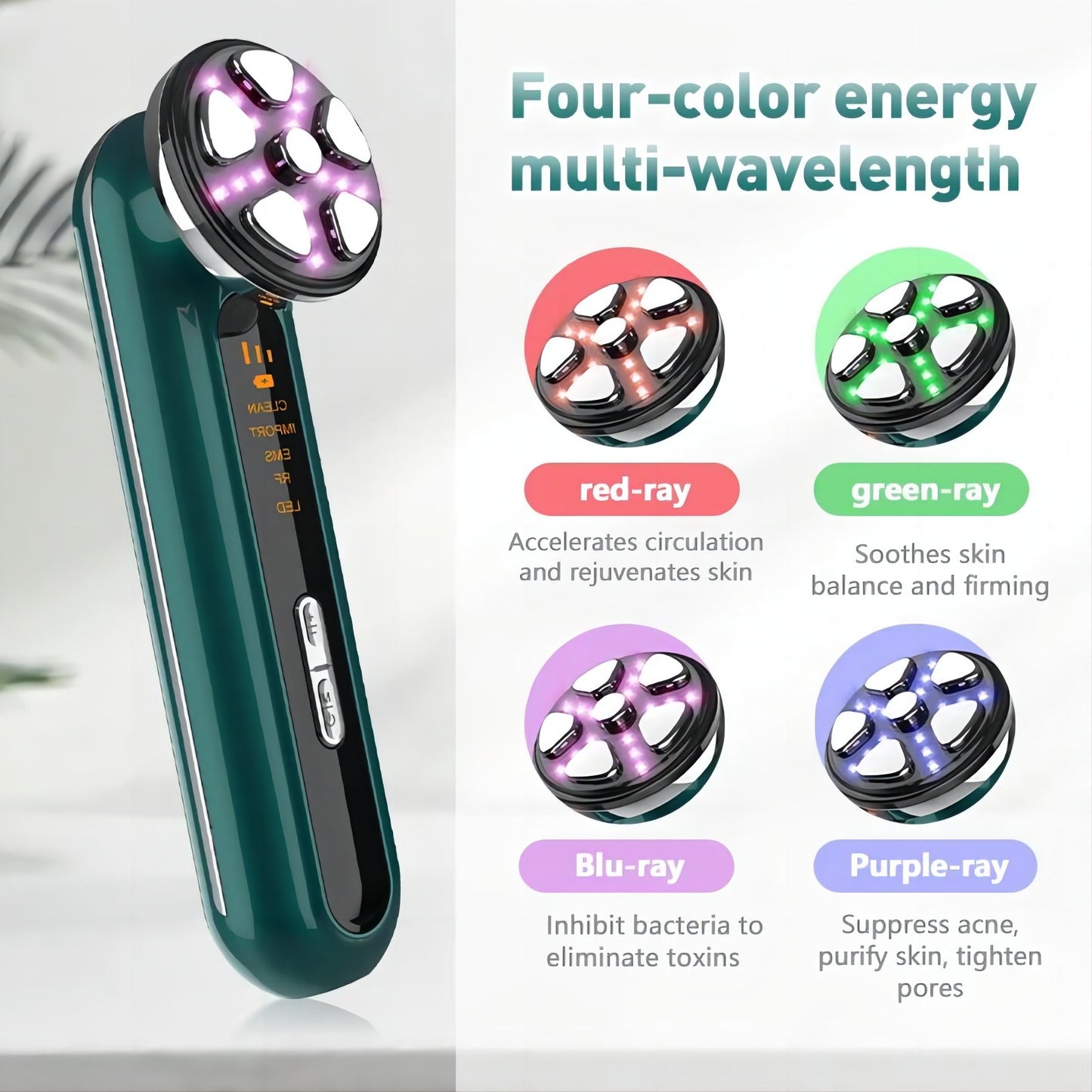 White 4-in-1 RF EMS Facial Beauty Device Skin Tightening and Lifting Massager with LED Light Therapy Anti-Aging Tool for Home Use