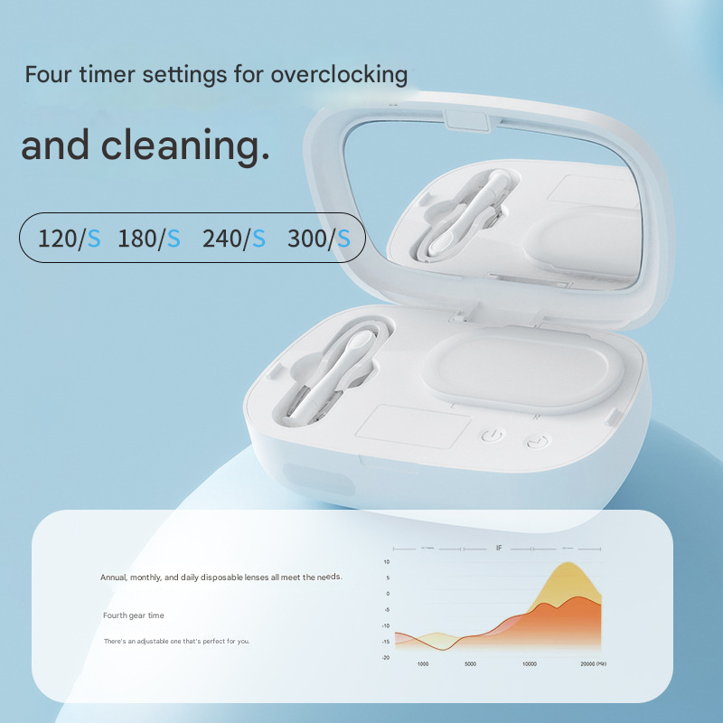 White and blue gradient Ultrasonic Contact Lens Cleaner Machine Automatic Washer Case with UV Light LED Display 4 Timer Modes Type-C Rechargeable Portable for Travel