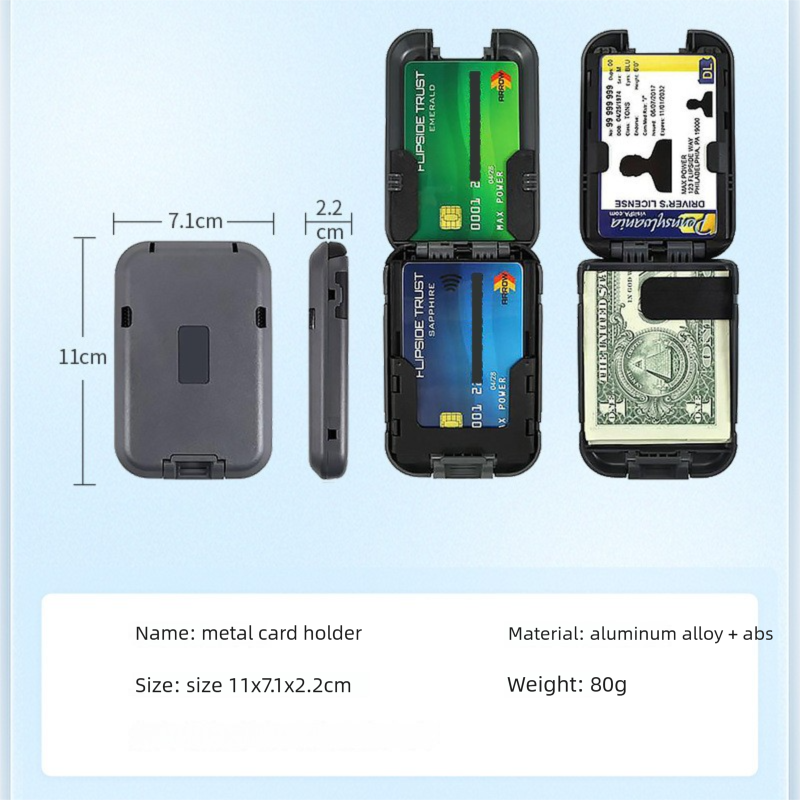 Dark grey RFID Blocking Aluminium Card Holder Wallet Waterproof Hard Shell Case with Cash Strap for Men Travel and Daily Use