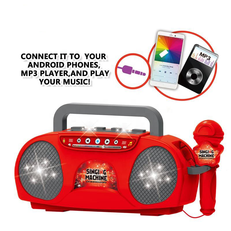 Blue Kids Portable Singing Machine Karaoke Boombox Toy with Microphone Flashing Lights and MP3 Music Player for Boys and Girls