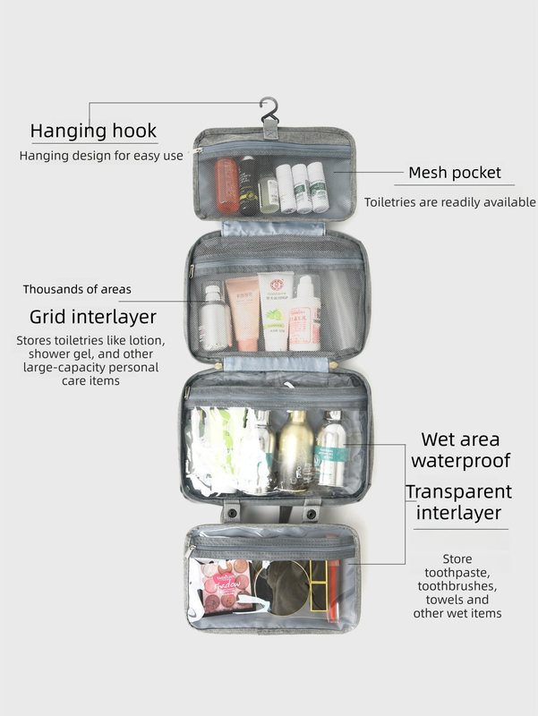 Gray Waterproof 4-Fold Hanging Toiletry Bag with Wet/Dry Separation for Australian Travel & Cosmetics
