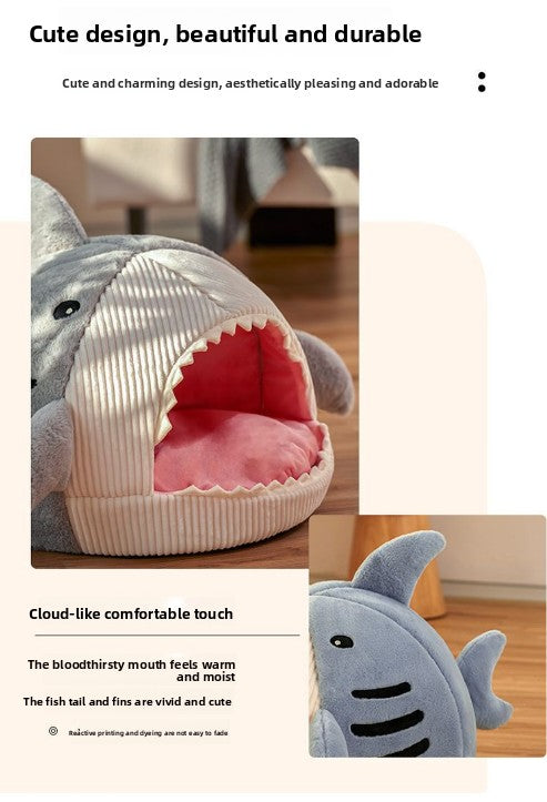 Novelty Shark Pet Cave Bed Enclosed Cozy Sleeping Nest for Cats and Small Dogs Soft Flannel Year Round Comfort Light Gray M Size