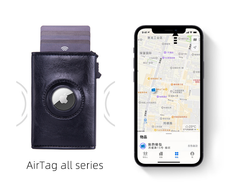 RFID Blocking Pop-Up Card Wallet with AirTag Holder - Carbon Fiber Texture Aluminum Smart Wallet - Automatic Slider Mechanism with Cash Compartment - Black (AirTag Not Included)