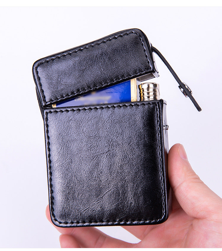 PU Leather Cigarette Case with Lighter Holder Hard Shell Storage Pouch Belt Loop Waist Bag for Standard Packs Black Gift for Men