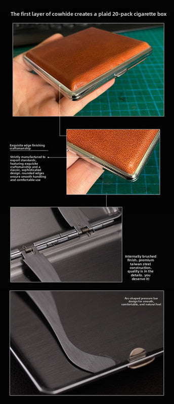 Genuine Leather Cigarette Case Crocodile Pattern Embossed Dark Brown 20 Stick Capacity Retro Vintage Style Metal Frame Hard Shell Box Mens Gift