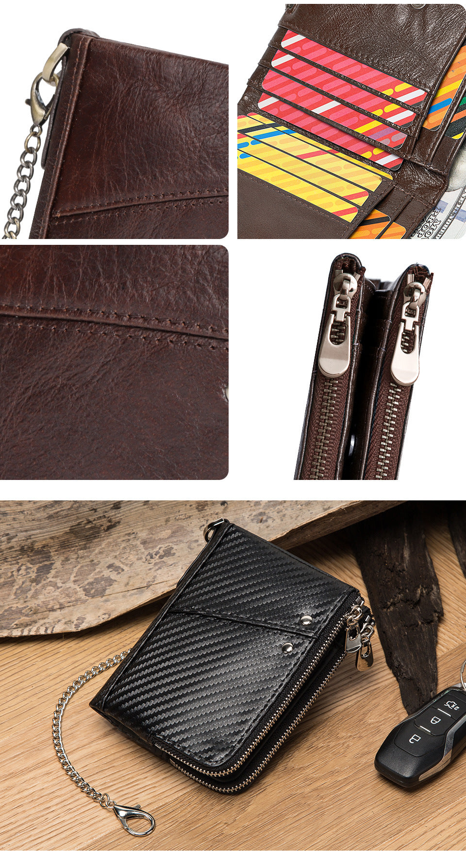 Genuine Leather Mens Wallet Double Zipper - RFID Blocking Bifold Card Holder with Coin Pocket - Black Gift for Him