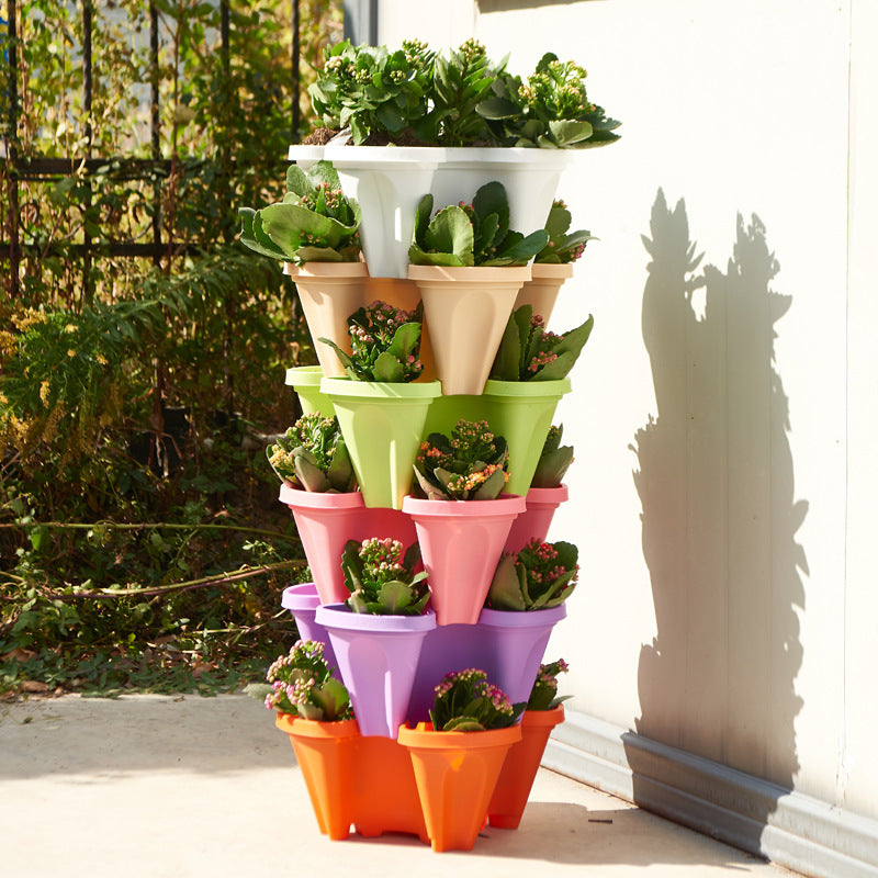 Pink 3-Tier Stackable Strawberry & Vegetable Planter with Mobile Wheel Tray - Space-Saving Vertical Gardening System