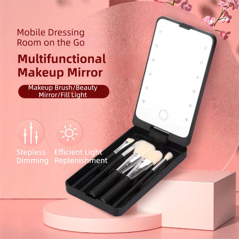 White Portable LED Makeup Mirror with Lights & Brushes (9x2.5x16CM) - Mini Foldable Desktop Vanity Mirror with Dual Color Temperature