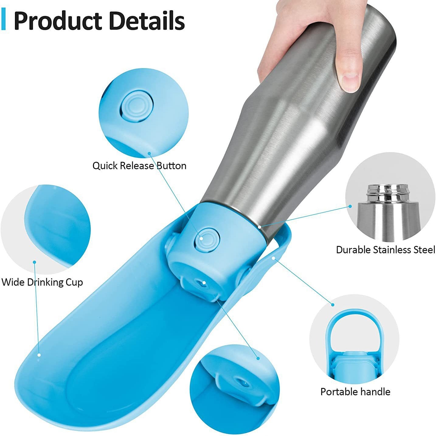 Grey 27oz Food-Grade 304 Stainless Steel Pet Water Bottle - Portable Dog and Cat Travel Cup, Outdoor Feeder for Walks and Hikes