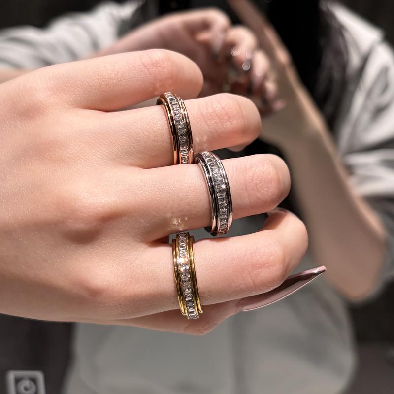 3-Piece Anxiety Spinner Meditation Bands Set - Full Zircon Inlaid Stainless Steel Rings for Stress Relief - US Size 9