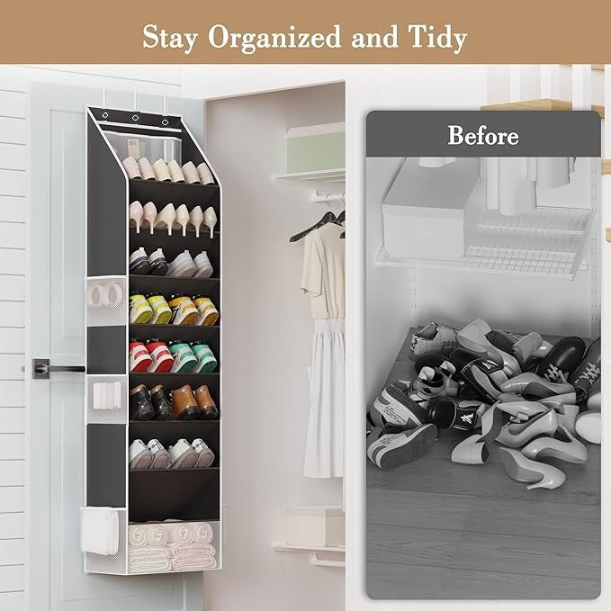 Black 8-Tier Over-the-Door Shoe Organizer with 7 Slanted & 1 Flat & 6 Side Pockets - Multi-Functional Wall Mount for Shoes, Bags and Towels