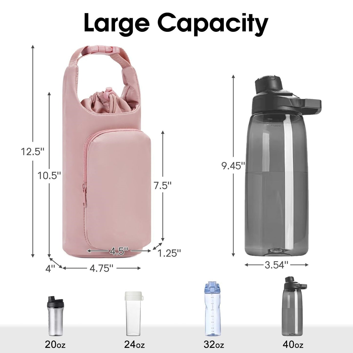 Green Insulated Water Bottle Carrier with Shoulder Strap – Portable Sleeve for Large Bottles, Featuring Front Pocket and Key Hook