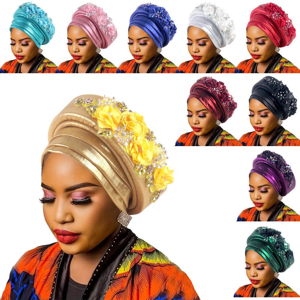 Women's Luxury Lake Blue Turban Hat with Beaded Floral Embellishments Pre-Tied African Style Headwrap for Weddings Parties & Special Occasions
