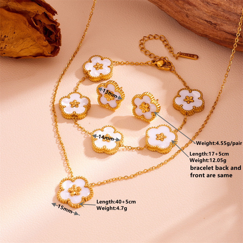 3-Piece Floral Jewellery Set (Red Shell Style) - Gold Plated Stainless Steel 5-Petal Flower Necklace, Bracelet & Earrings - Tarnish Free & Hypoallergenic Gift for Women
