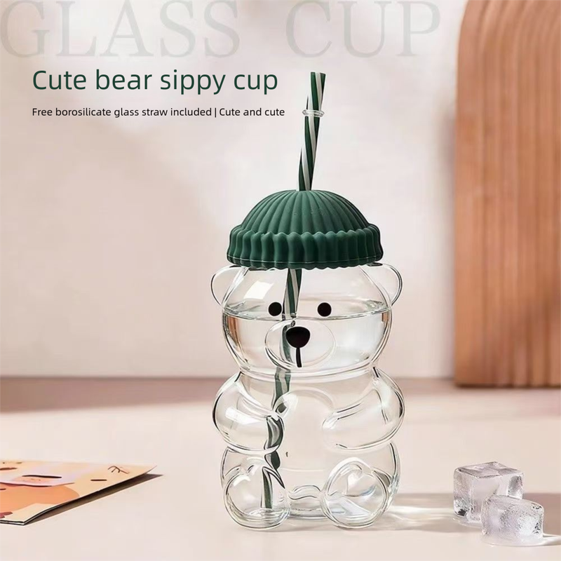 Creative Bear Shape Glass Water Bottle with Straw Cute Cartoon Coffee Cup and Cold Drink Tumbler – Blue Hat Bear Edition