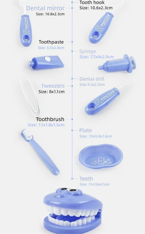 9 Piece Kids Dentist Pretend Play Set - Blue Educational Medical Kit with Teeth Model, Toothbrush & Tools - Oral Hygiene Learning Toy for Toddlers & Preschoolers