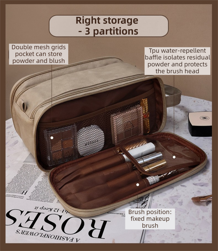 Khaki Premium TPU Leather Dual-Zipper Cosmetic Bag with 3 Dry & Wet Separation Zone - Large Capacity Travel Toiletries Organizer