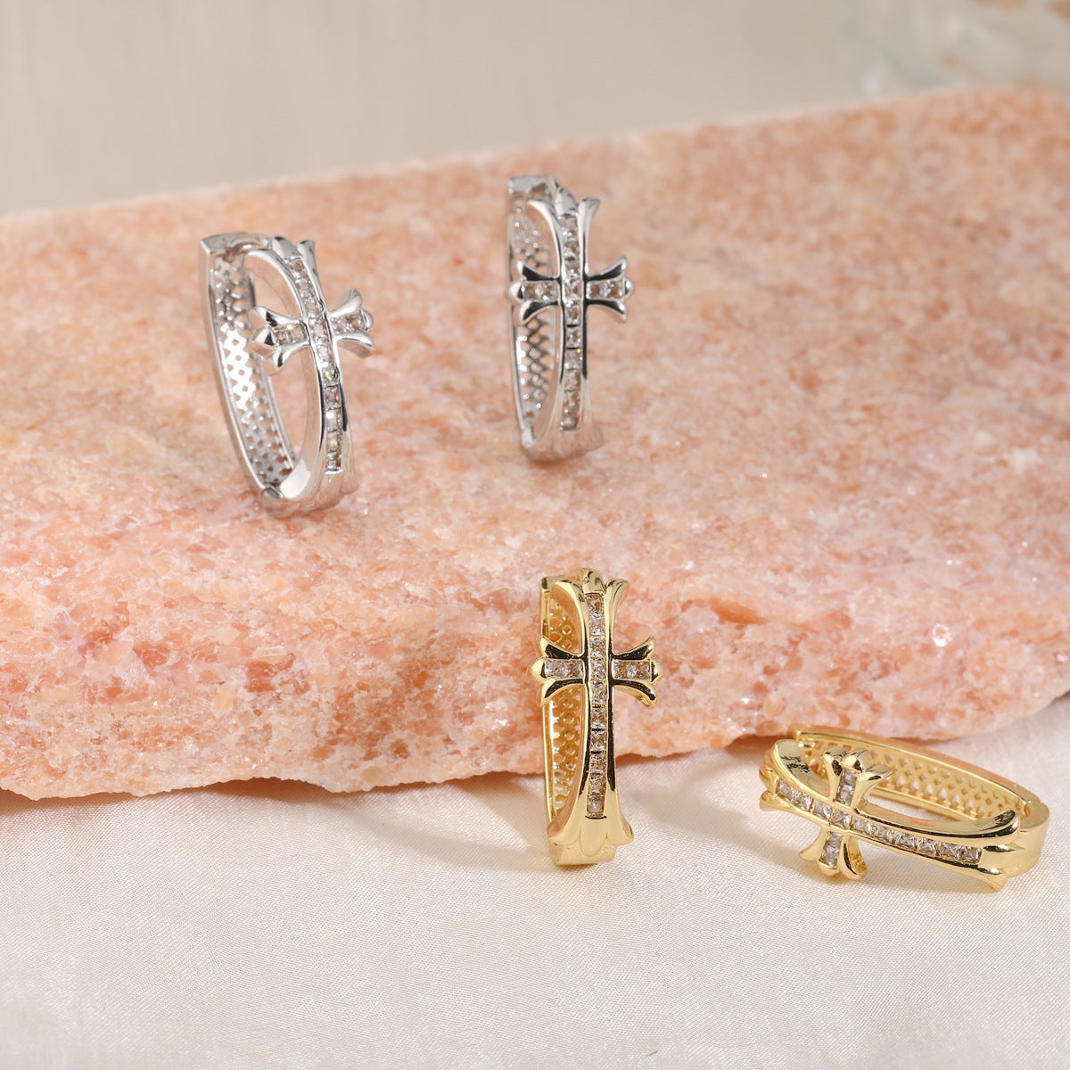 1-Pair Sliver Sparkling Iced Out Rhinestone Cross Hoop Earrings - Punk Elegance Ear Buckle for Women