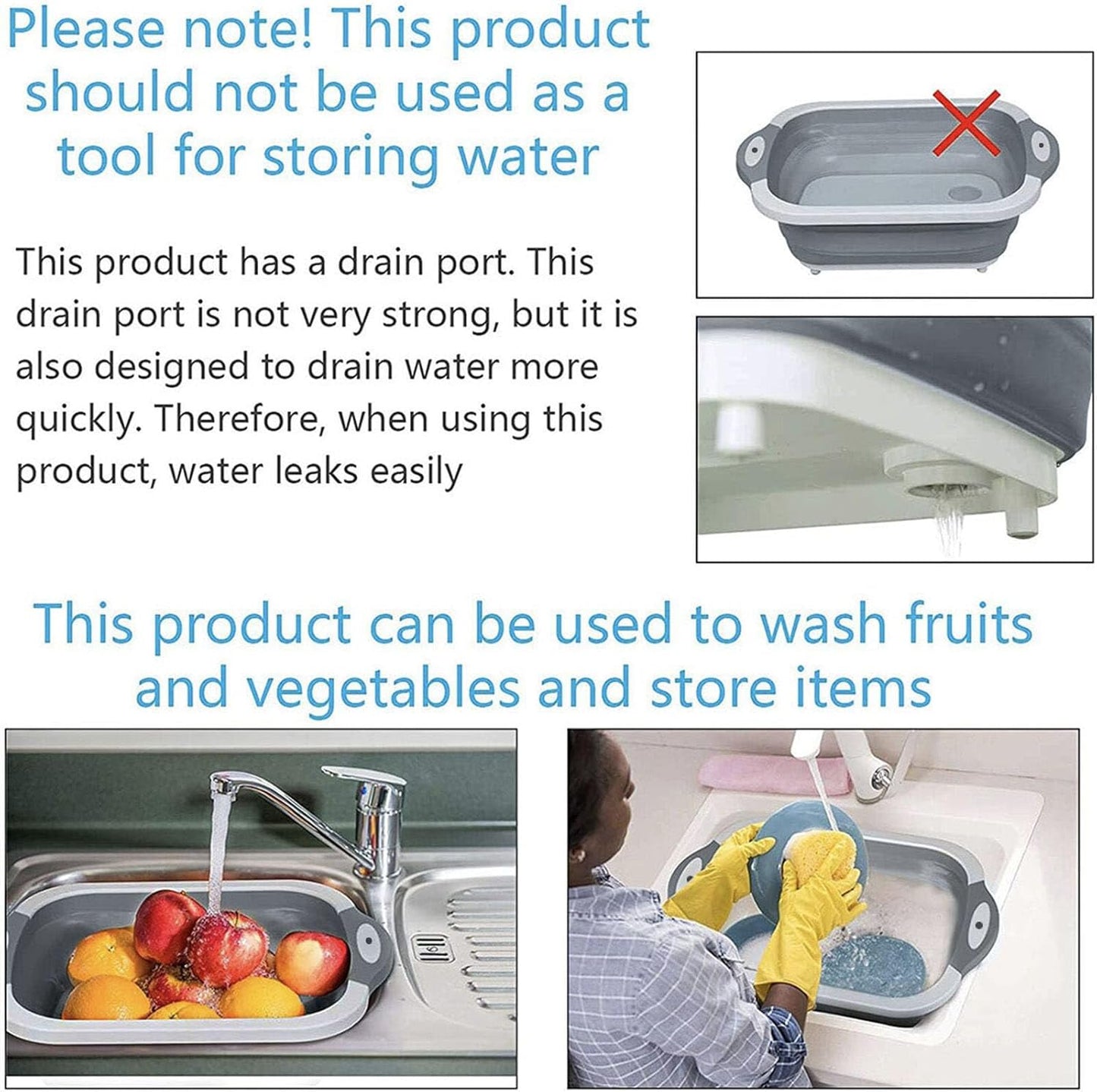3-in-1 Grey Collapsible Cutting Board & Drain Basin & Storage Tub - Portable Multifunctional Food Grade Storage Basket(37x27x12cm)