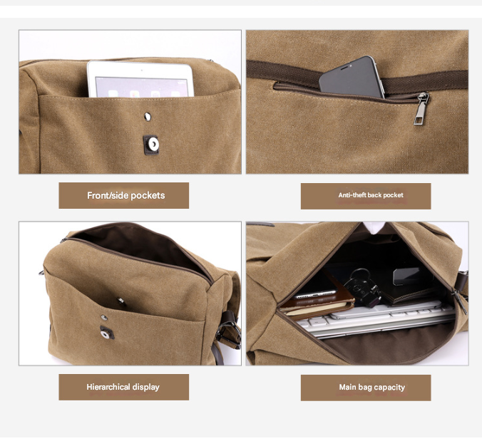 Khaki Men's Large Capacity Canvas Messenger Bag Lightweight Multi-Pocket Crossbody Shoulder Bag for Work Casual Travel iPad Compatible