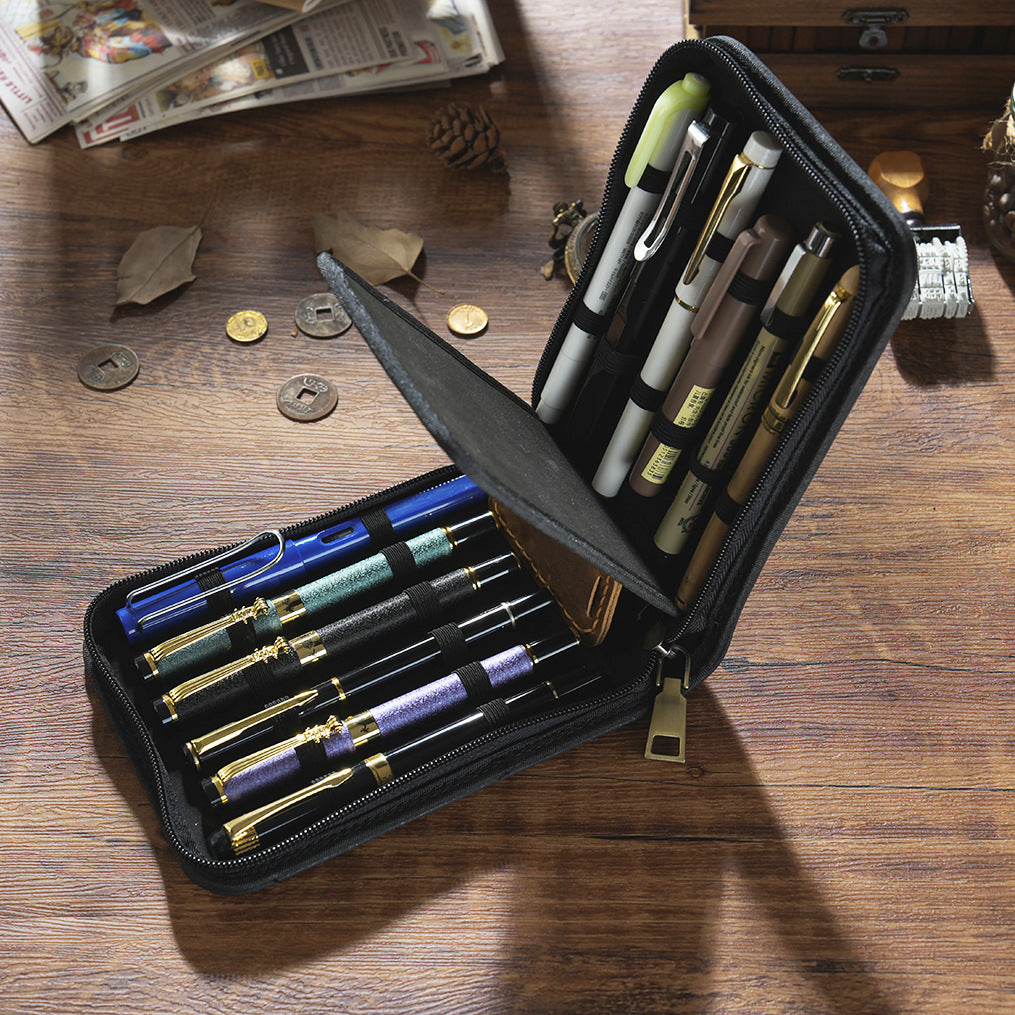 Black 12-Slot Genuine Crazy Horse Leather Fountain Pen Case - Handcrafted Large Capacity Zippered Pen Organizer & Stationery Pouch